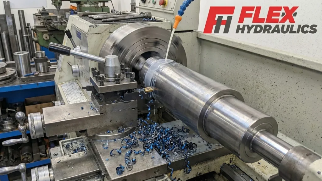 General engineering service. A close-up of a metal lathe in a workshop machining a steel hydraulic cylinder component, with metal shavings visible.
