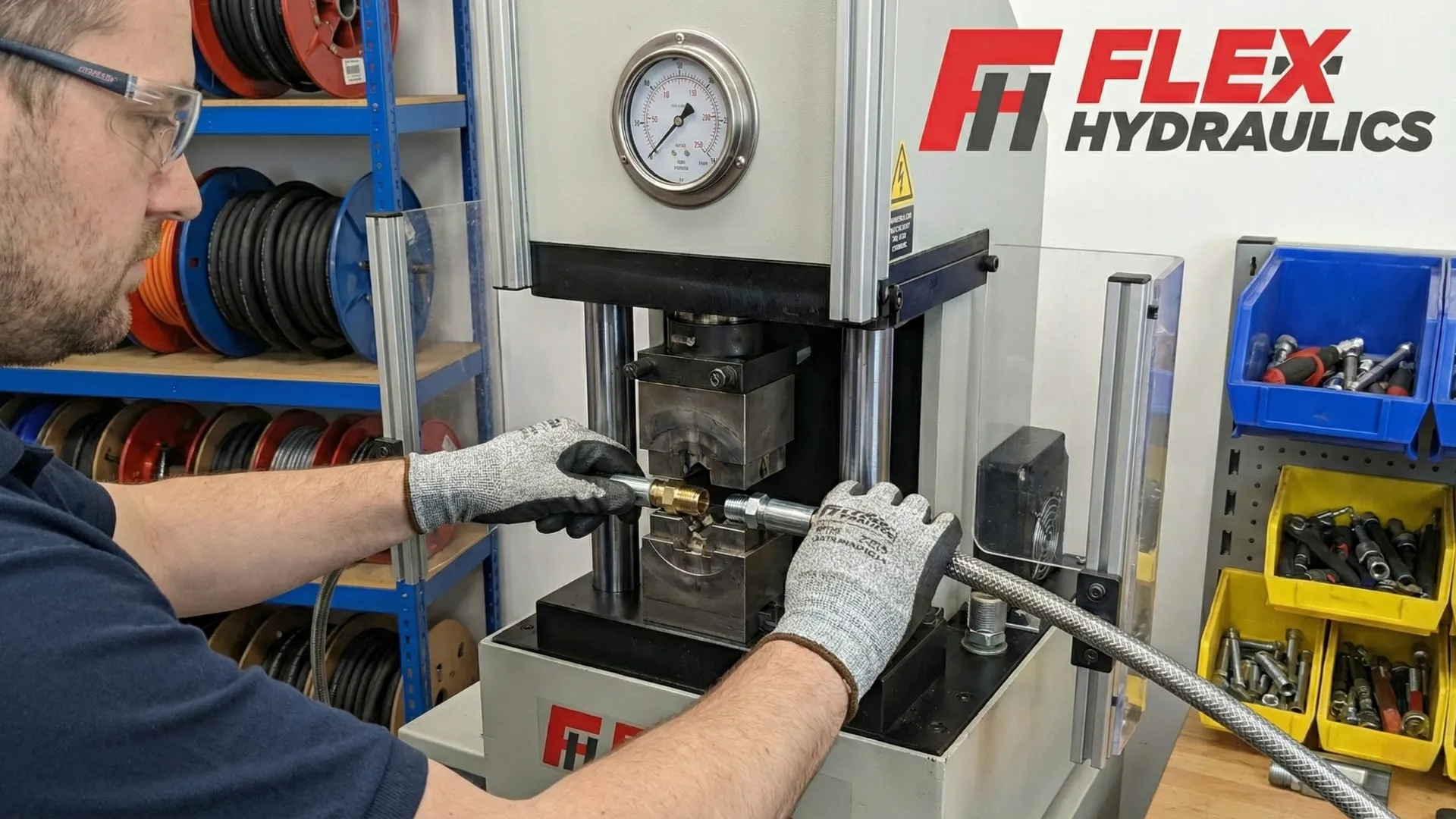 A close-up of a hydraulic technician operating a high-pressure crimping service machine to assemble a steel wire reinforced hose. Description: A detailed shot of the Flex Hydraulics workshop, showing a technician meticulously aligning a hose fitting inside the dies of a hydraulic crimper. This illustrates the precision and safety standards of our professional crimping service.