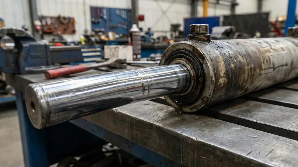 Before and after comparison of hydraulic cylinder repairs, showing a worn cylinder alongside a fully refurbished, painted, and resealed unit.