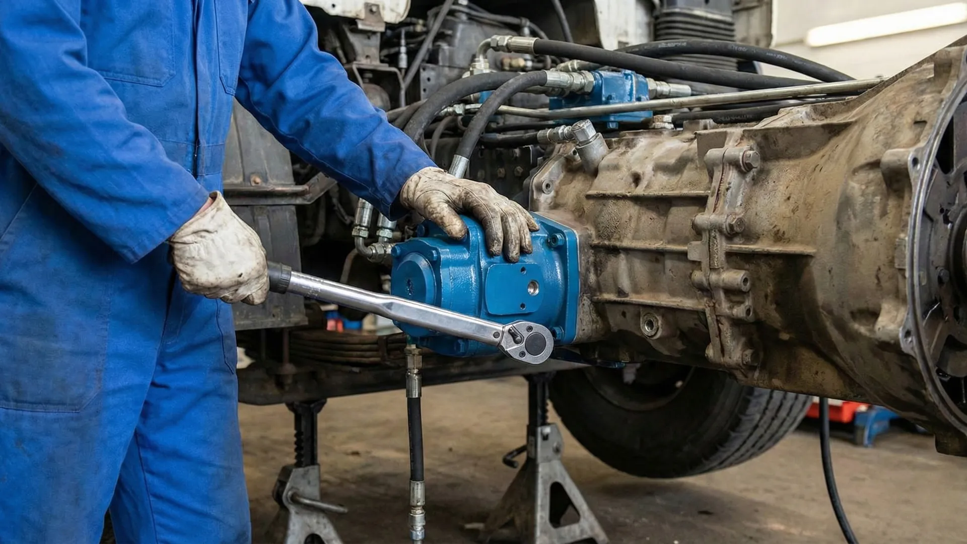 A professional mechanic installing blue PTO pumps onto a truck gearbox using a torque wrench to ensure precise mounting.