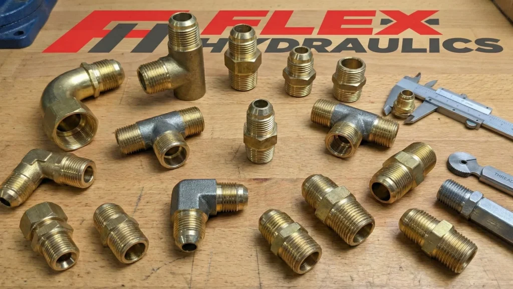 A variety of brass and steel hydraulic adapters arranged on a white background, showing different thread angles, sizes, and orientations.