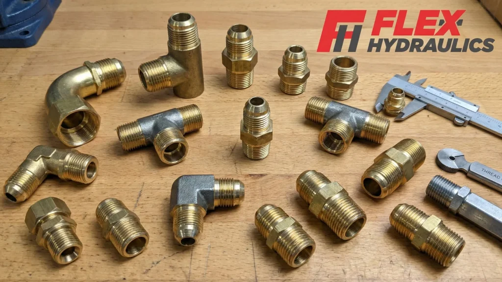 A display of various brass and steel hose fittings laid out on a workbench, including JIC, BSP, and NPT thread types.Description: A clear, educational image showing the variety of hose fittings stocked by Flex Hydraulics. The image highlights the subtle differences in thread patterns and sealing angles between different hydraulic standards.
