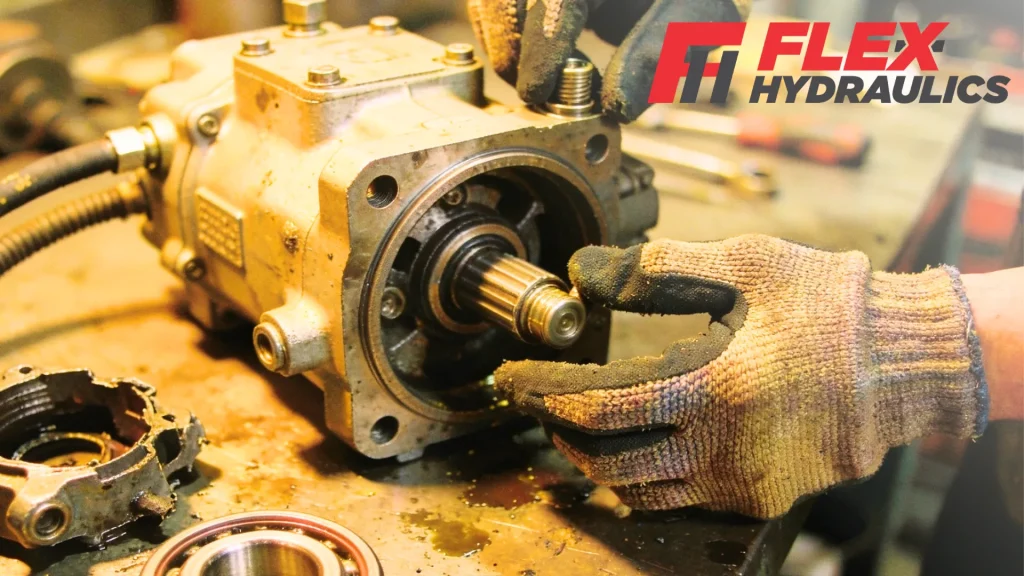 PTO pump problems being fixed by a hydraulic specialist on a workbench.